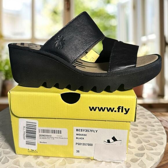 Fly London $190 BESY357FLY Moose Black Leather Slide Wedge Sandals Women’s EU 38 - Picture 8 of 16